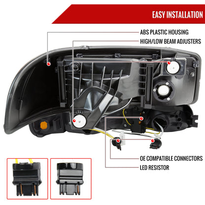 1999-2006 GMC Sierra/2007 Sierra Classic/2000-2006 Yukon/XL Factory Style Headlights and Sequential Turn Signal Bumper Lights (Matte Black Housing/Smoked Lens)