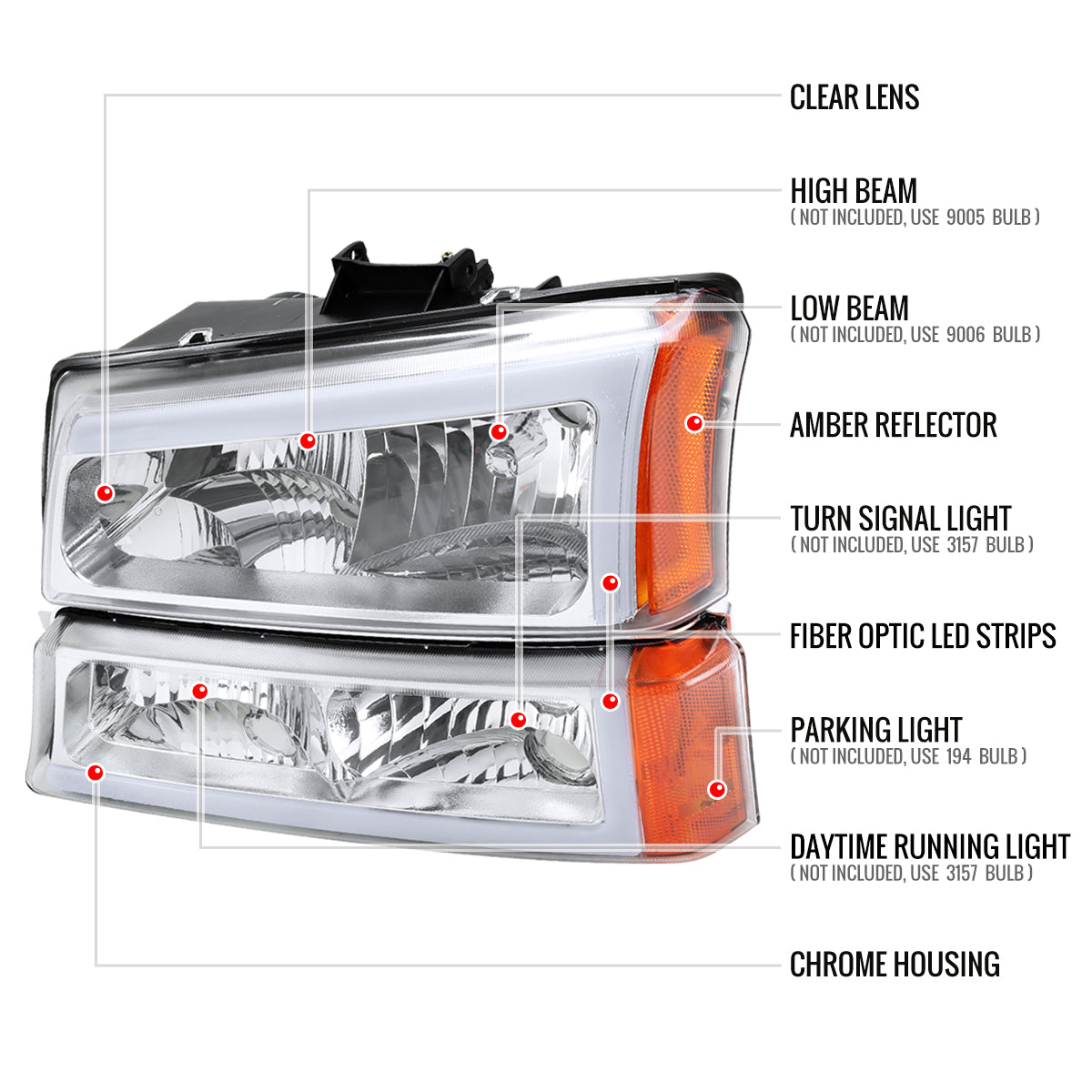 2002-2006 Chevrolet Avalanche/ 2003-2007 Silverado LED Bar Factory Style Headlights & Bumper Lights (Chrome Housing/Clear Lens)