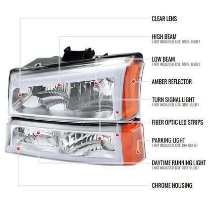 2002-2006 Chevrolet Avalanche/ 2003-2007 Silverado LED Bar Factory Style Headlights & Bumper Lights (Chrome Housing/Clear Lens)