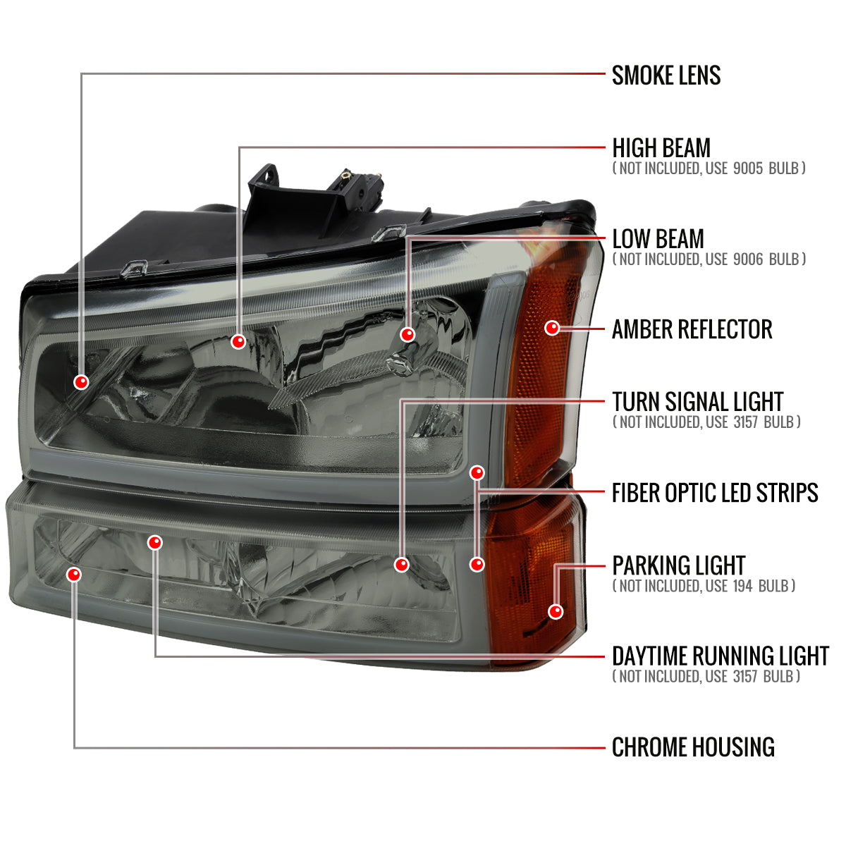 2003-2007 Chevrolet Silverado /2002-2006 Chevrolet Avalanche LED Bar Factory Style Headlights (Chrome Housing/Light Smoked lens)