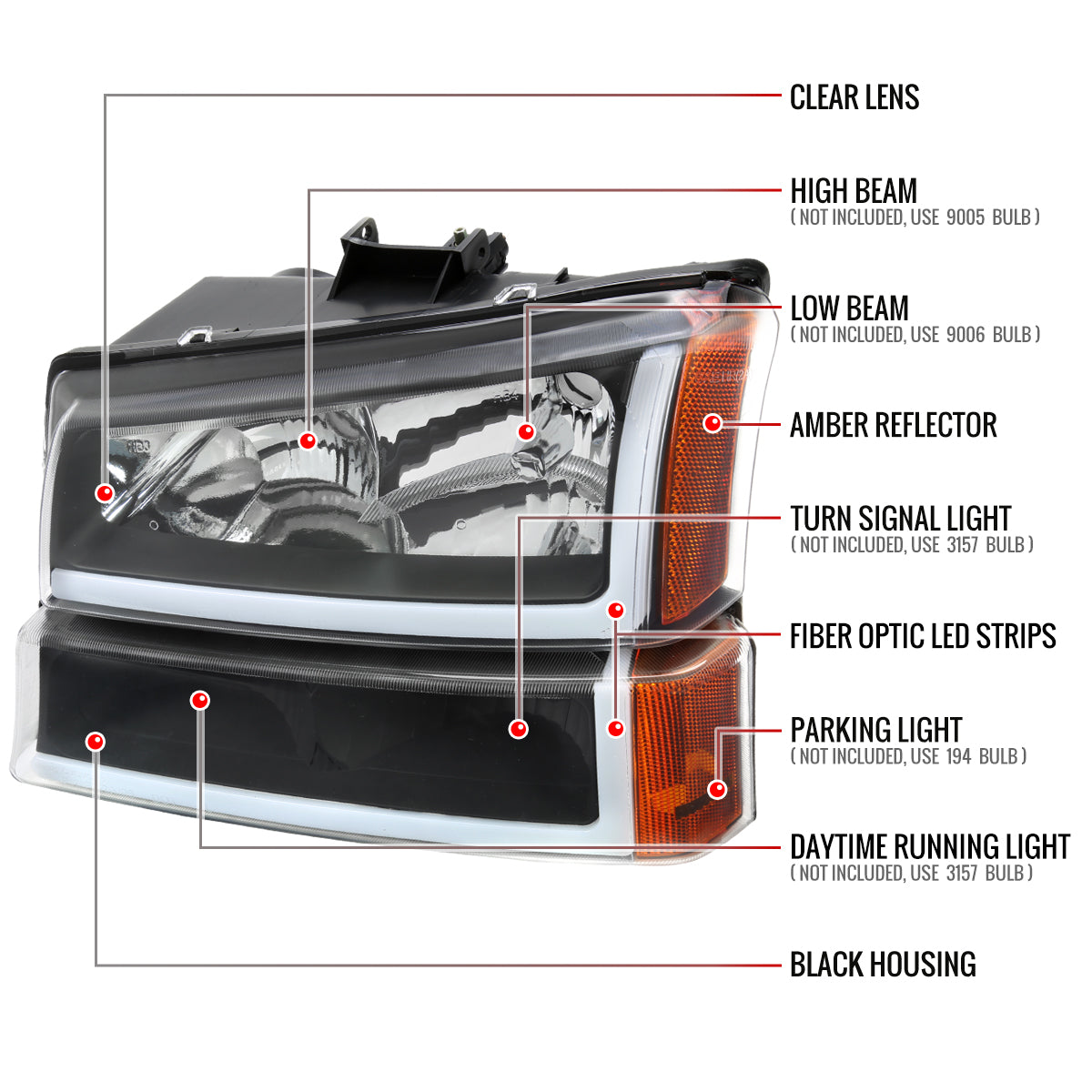 2003-2007 Chevrolet Silverado /2002-2006 Chevrolet Avalanche LED Bar Factory Style Headlights (Matte Black Housing/Clear lens)
