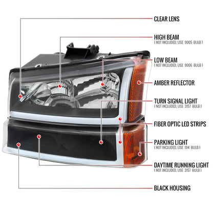 2003-2007 Chevrolet Silverado /2002-2006 Chevrolet Avalanche LED Bar Factory Style Headlights (Matte Black Housing/Clear lens)