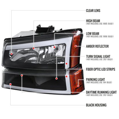 2002-2006 Chevrolet Avalanche/ 2003-2007 Silverado LED Bar Factory Style Headlights & Bumper Lights (Matte Black Housing/Clear Lens)