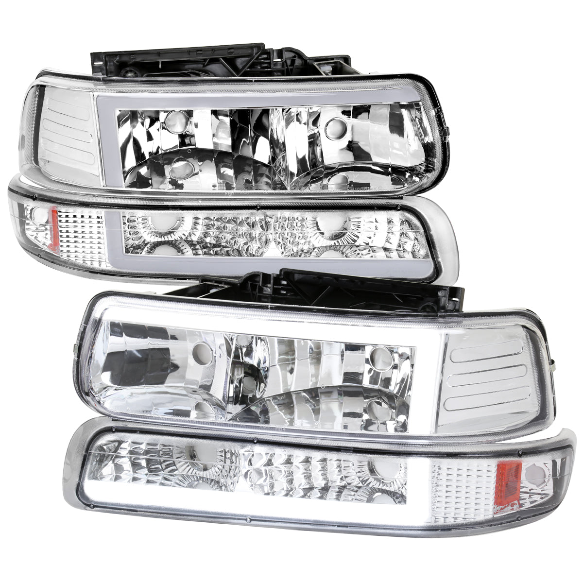 1999-2002 Chevrolet Silverado 1500 2500 / 2000-2006 Tahoe Suburban LED Bar Factory Style Headlights & Bumper Lights w/ Amber Reflector (Chrome Housing/Clear Lens)