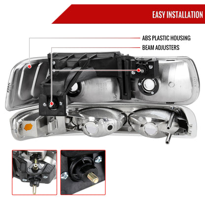 1999-2002 Chevrolet Silverado/ 2000-2006 Tahoe/Suburban Factory Style Headlights w/ Bumper Light Assembly (Chrome Housing/Clear Lens)