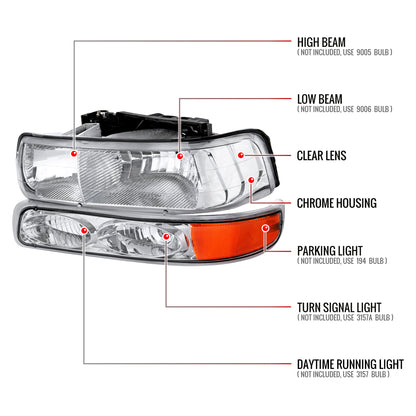 1999-2002 Chevrolet Silverado/ 2000-2006 Tahoe/Suburban Factory Style Headlights w/ Bumper Light Assembly (Chrome Housing/Clear Lens)