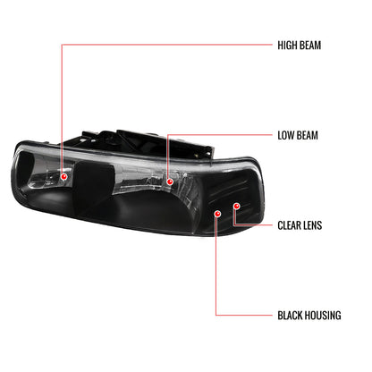 1999-2002 Chevrolet Silverado/ 2000-2006 Suburban/Tahoe Factory Style Headlights with LED Bumper Corner Signal Lights (Matte Black Housing/Clear Lens)