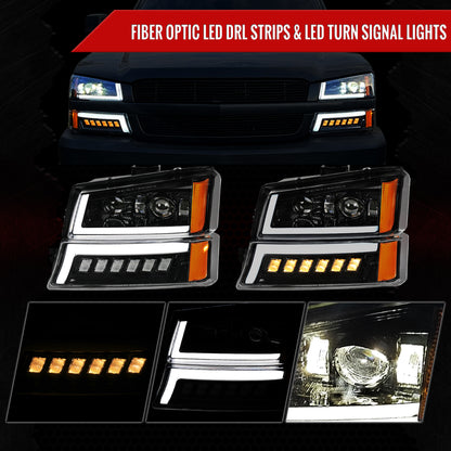 2003-2007 Chevrolet Silverado Avalanche LED Projector DRL Headlights w/ Bumper Lights (Jet Black Housing/Clear Lens)