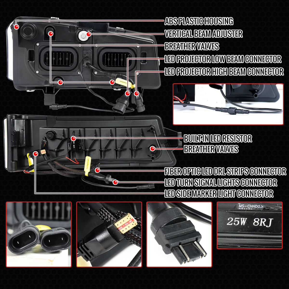 2003-2007 Chevrolet Silverado Avalanche LED Projector DRL Headlights w/ Bumper Lights (Jet Black Housing/Clear Lens)