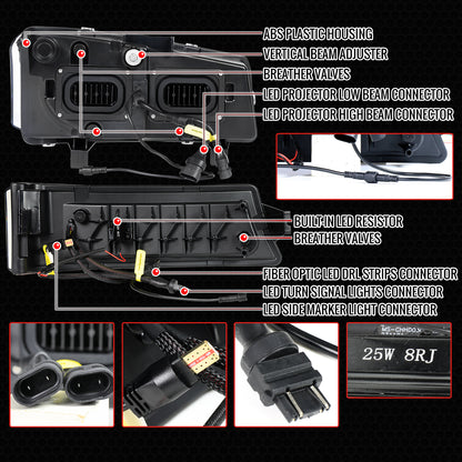 2003-2007 Chevrolet Silverado Avalanche LED Projector DRL Headlights w/ Bumper Lights (Jet Black Housing/Clear Lens)