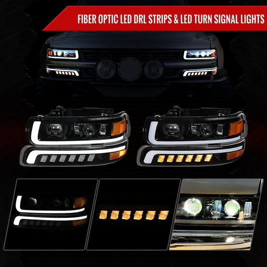 1999-2002 Chevrolet Silverado / 2000-2006 Tahoe / Suburban LED Projector DRL Headlights w/ Bumper Lights (Jet Black Housing/Clear Lens)