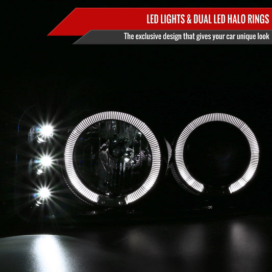1999-2006 GMC Sierra/ 2000-2006 Yukon/Yukon XL Dual Halo Projector Headlights with LED Sequential Turn Signal Bumper Lights (Glossy Black Housing/Smoked Lens)
