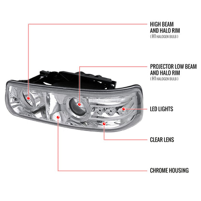 1999-2002 Chevrolet Silverado/ 2000-2006 Chevrolet Tahoe/Suburban Dual Halo Projector Headlights with LED Sequential Turn Signal Bumper Lights (Chrome Housing/Clear Lens)