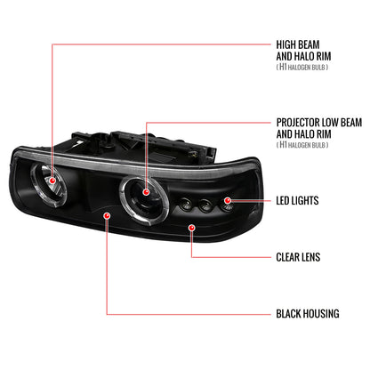 1999-2002 Chevrolet Silverado/ 2000-2006 Chevrolet Tahoe/Suburban Dual Halo Projector Headlights with LED Sequential Turn Signal Bumper Lights (Matte Black Housing/Clear Lens)