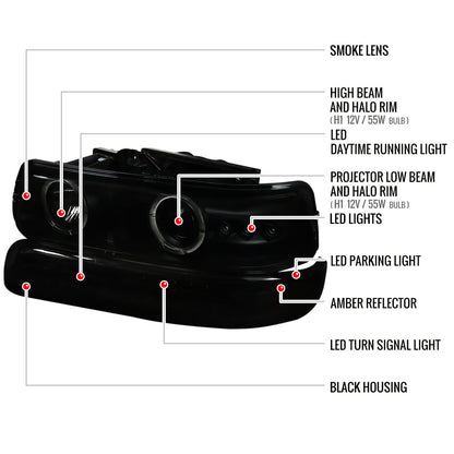 1999-2002 Chevrolet Silverado/ 2000-2006 Chevrolet Tahoe/Suburban Dual Halo Projector Headlights with LED Sequential Turn Signal Bumper Lights (Black Housing/Smoked Lens)