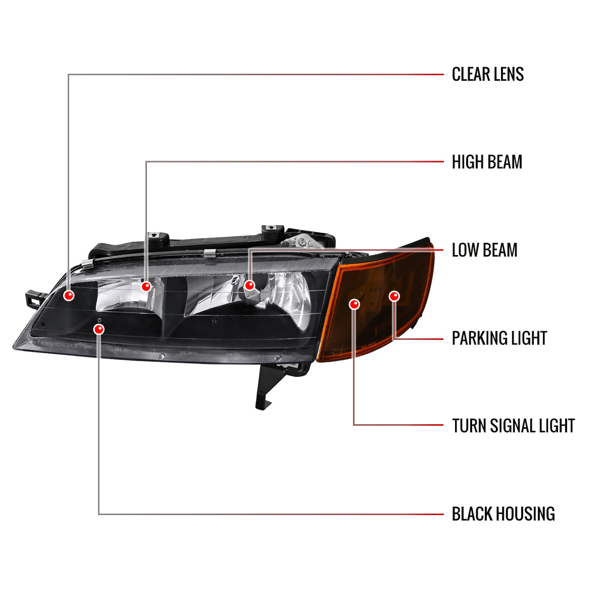 1994-1997 Honda Accord Factory Style Headlights & Amber Corner Lights (Matte Black Housing/Clear Lens)