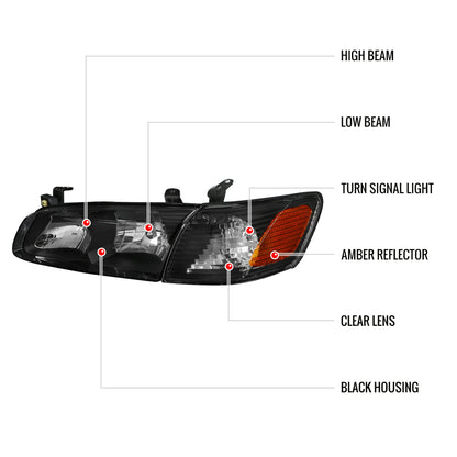 2000-2001 Toyota Camry Factory Style Headlights w/ Amber Reflectors (Matte Black Housing/Clear Lens)