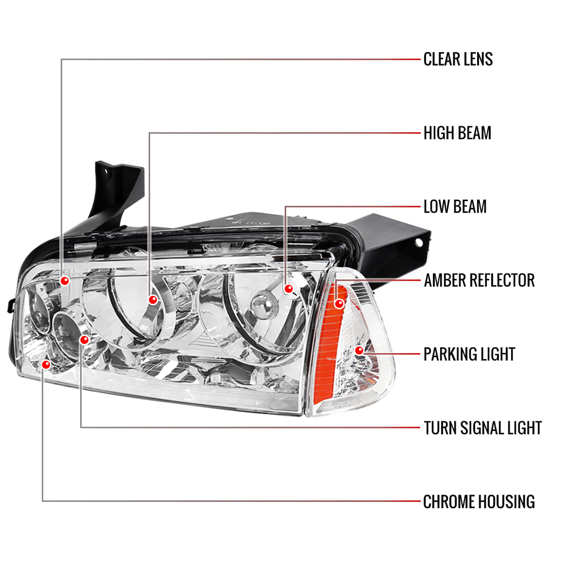 2006-2010 Dodge Charger Factory Style Headlights w/ Corner Lights (Chrome Housing/Clear Lens)