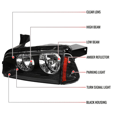 2006-2010 Dodge Charger Factory Style Headlights w/ Corner Lights (Matte Black Housing/Clear Lens)