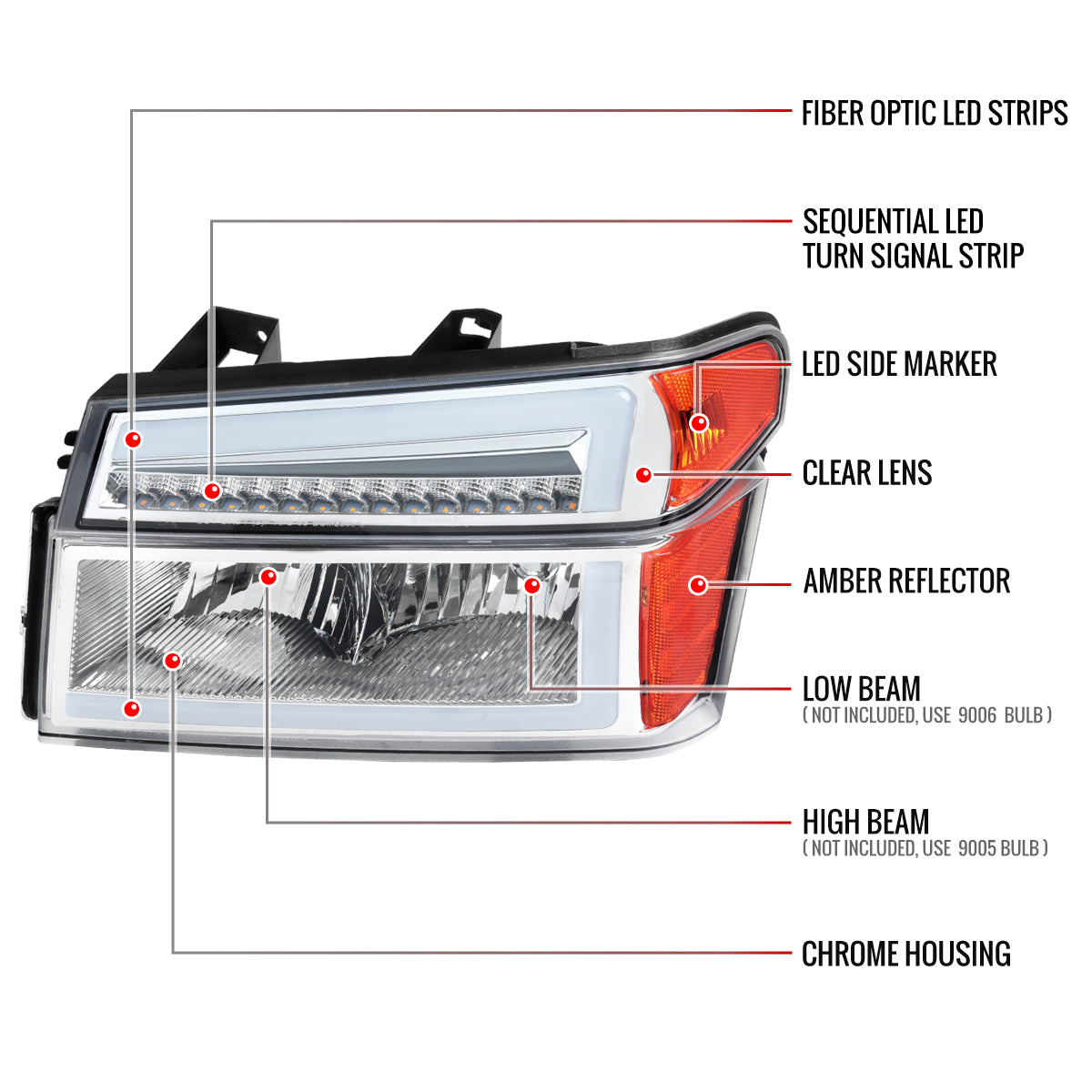 2004-2012 Chevrolet Colorado GMC Canyon/2006-2008 ISUZU I-Series Sequential Turn Signal Factory Style Headlights with LED Bar (Chrome Housing/Clear Lens)