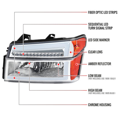 2004-2012 Chevrolet Colorado GMC Canyon/2006-2008 ISUZU I-Series Sequential Turn Signal Factory Style Headlights with LED Bar (Chrome Housing/Clear Lens)