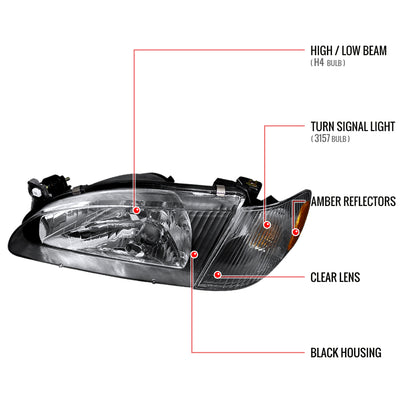 1998-2000 Toyota Corolla Factory Style Crystal Headlights w/ Corner Lights & Bulbs (Matte Black Housing/Clear Lens)