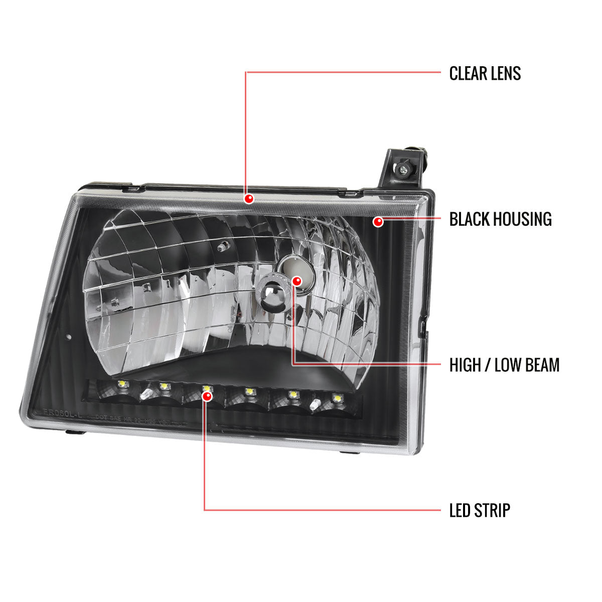1992-2006 Ford Econoline E-Series LED Strip Factory Headlights and Corner Lights (Matte Black Housing/Clear Lens)