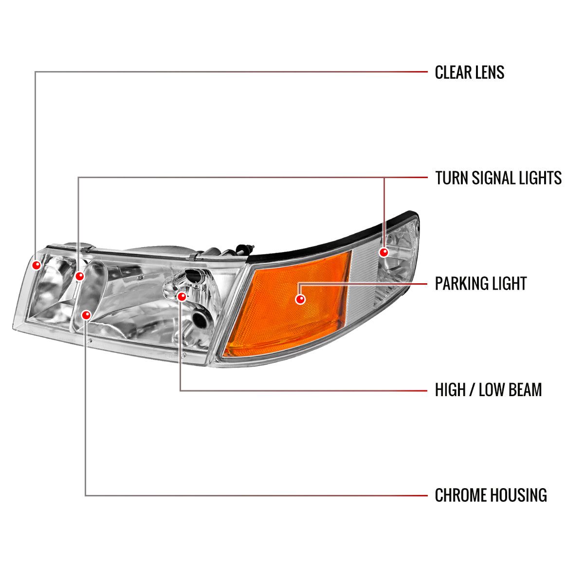 1998-2002 Mercury Grand Marquis Factory Style Crystal Headlights w/ Corner Signal Lights (Chrome Housing/Clear Lens)