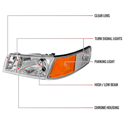 1998-2002 Mercury Grand Marquis Factory Style Crystal Headlights w/ Corner Signal Lights (Chrome Housing/Clear Lens)