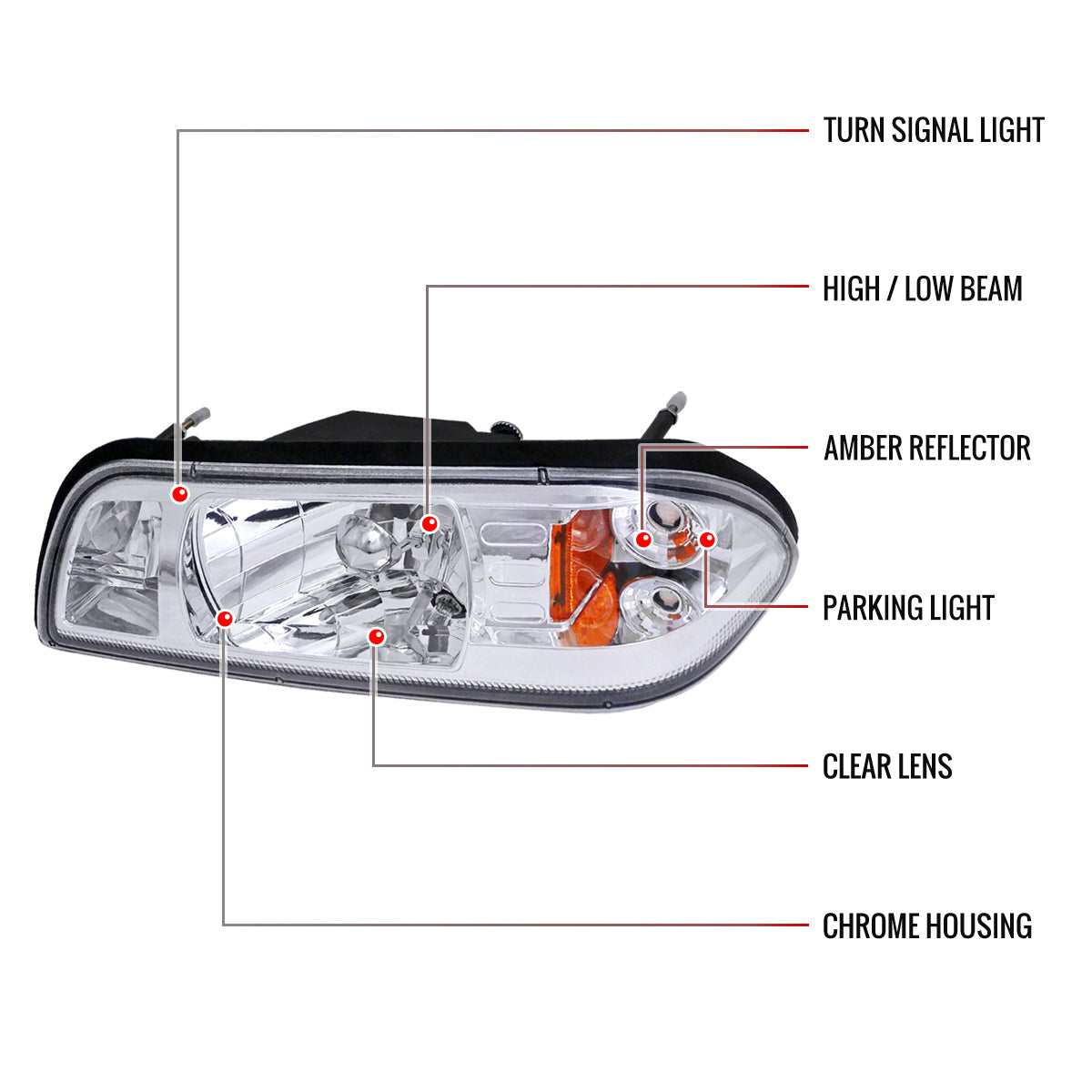 1987-1993 Ford Mustang Crystal Headlights (Chrome Housing/Clear Lens)