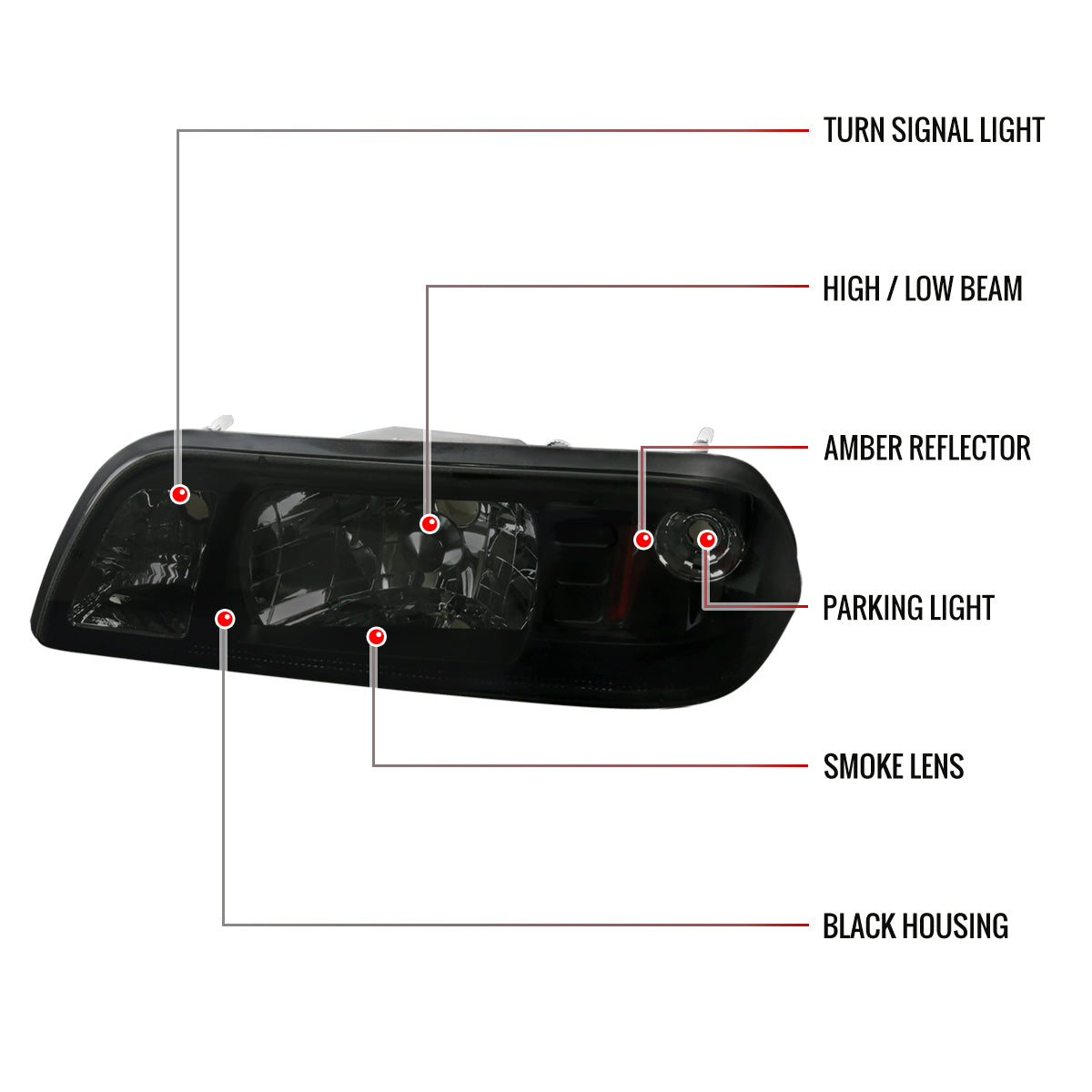 1987-1993 Ford Mustang Crystal Headlights (Chrome Housing/Smoked Lens)