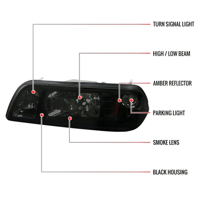 1987-1993 Ford Mustang Crystal Headlights (Chrome Housing/Smoked Lens)