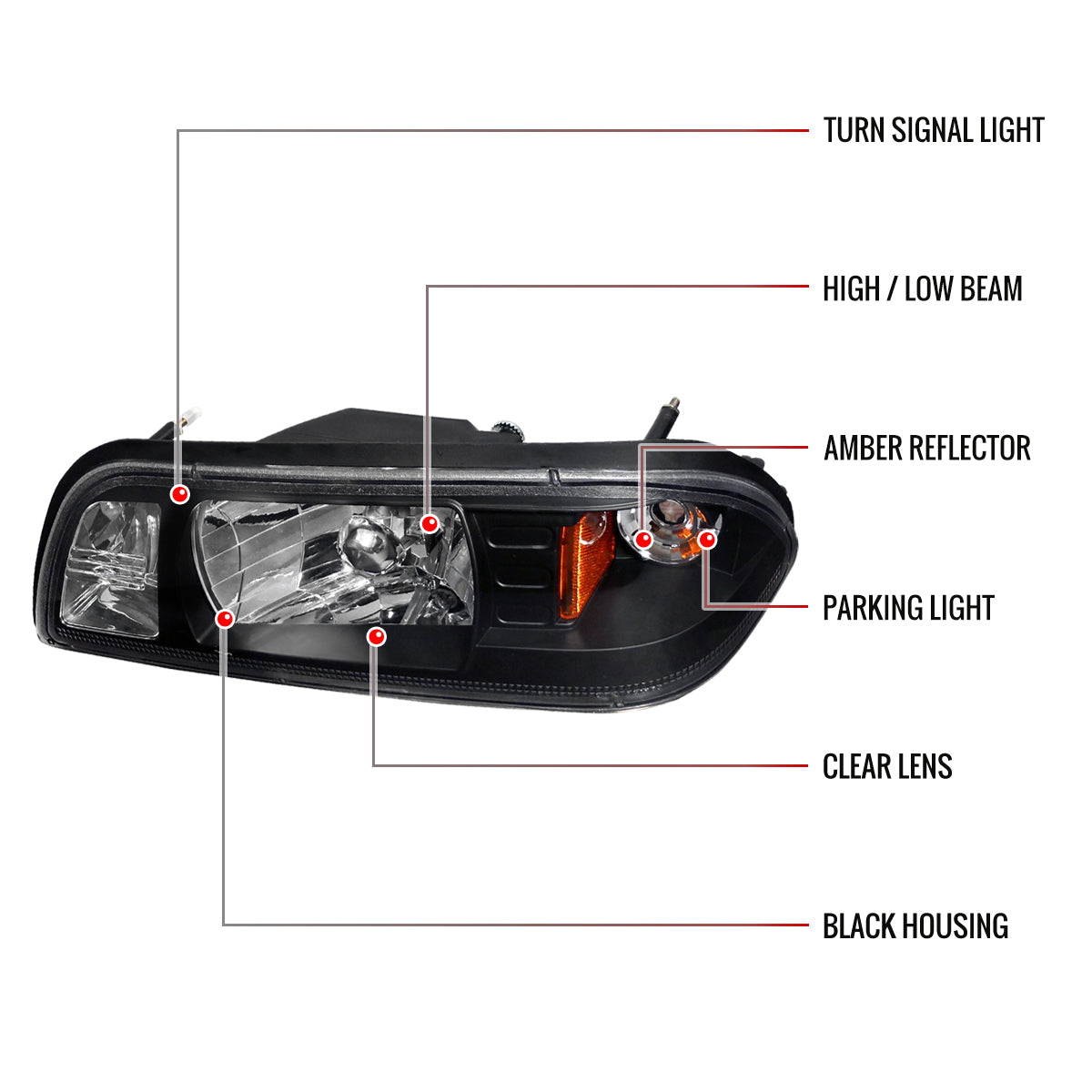 1987-1993 Ford Mustang Factory Style Crystal Headlights (Matte Black Housing/Clear Lens)