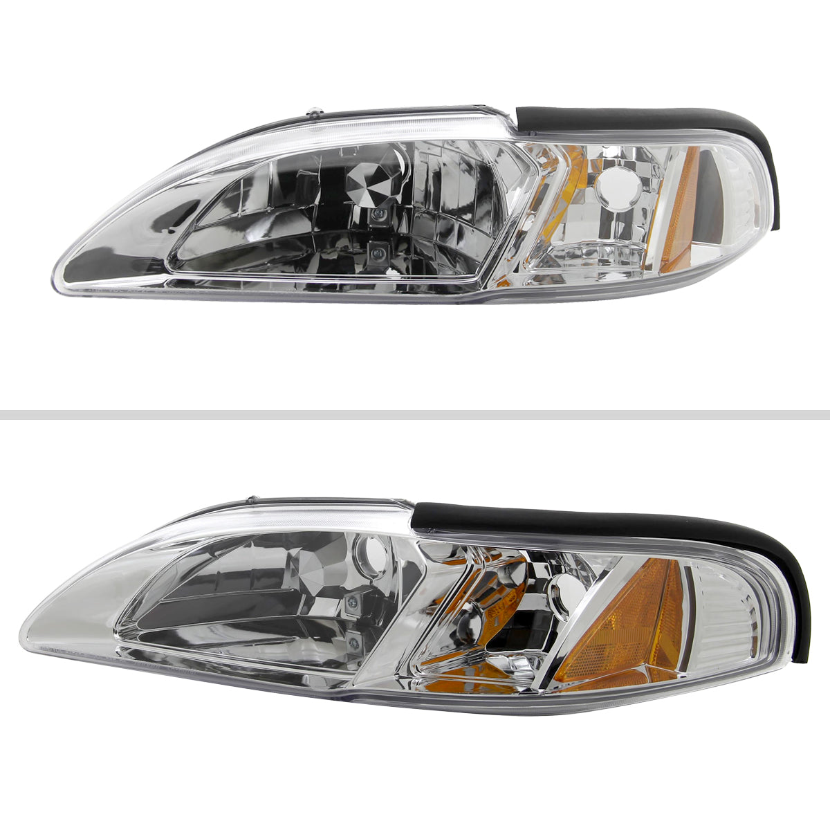 1994-1998 Ford Mustang 1PC Crystal Headlights w/ Amber Reflectors (Chrome Housing/Clear Lens)