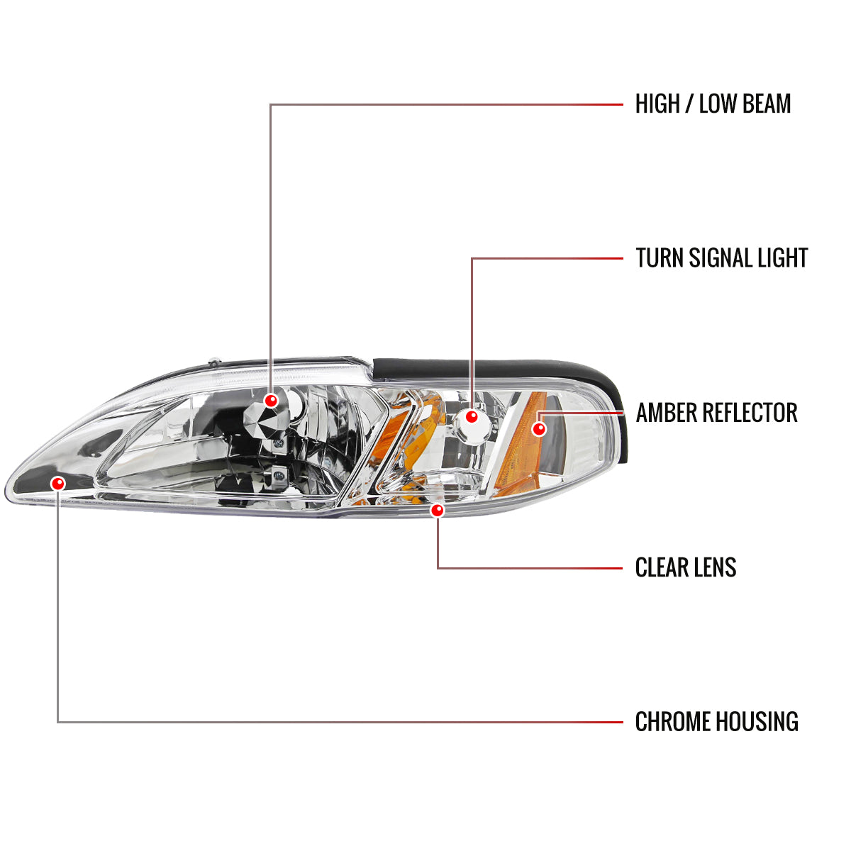 1994-1998 Ford Mustang 1PC Crystal Headlights w/ Amber Reflectors (Chrome Housing/Clear Lens)