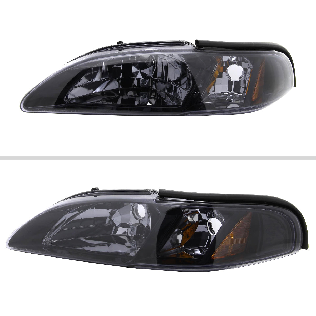 1994-1998 Ford Mustang 1PC Crystal Headlights w/ Amber Reflectors (Chrome Housing/Smoked Lens)
