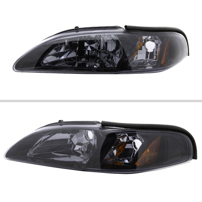 1994-1998 Ford Mustang 1PC Crystal Headlights w/ Amber Reflectors (Chrome Housing/Smoked Lens)