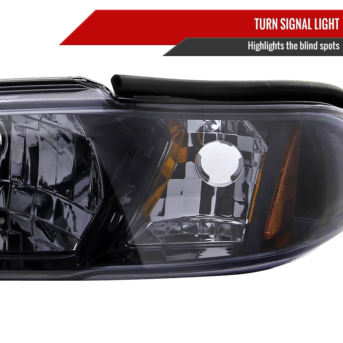 1994-1998 Ford Mustang 1PC Crystal Headlights w/ Amber Reflectors (Chrome Housing/Smoked Lens)