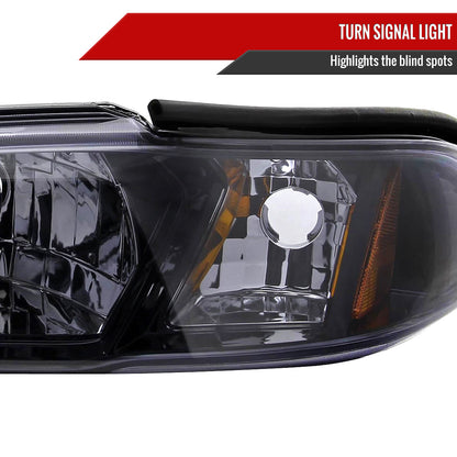 1994-1998 Ford Mustang 1PC Crystal Headlights w/ Amber Reflectors (Chrome Housing/Smoked Lens)