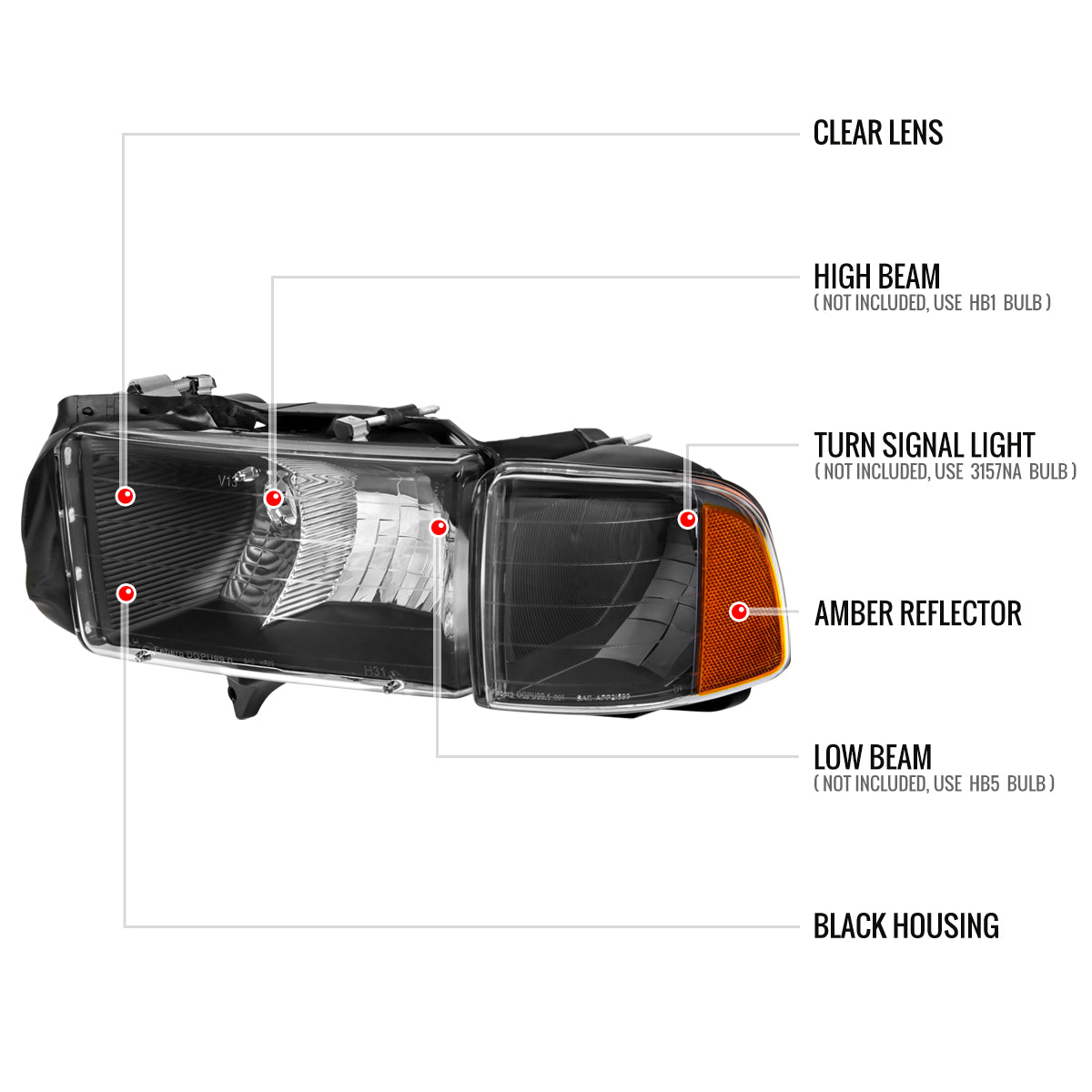 1999-2001 Dodge RAM 1500 Sport Factory Style Headlights and Corner Lights (Black Housing/Clear Lens)