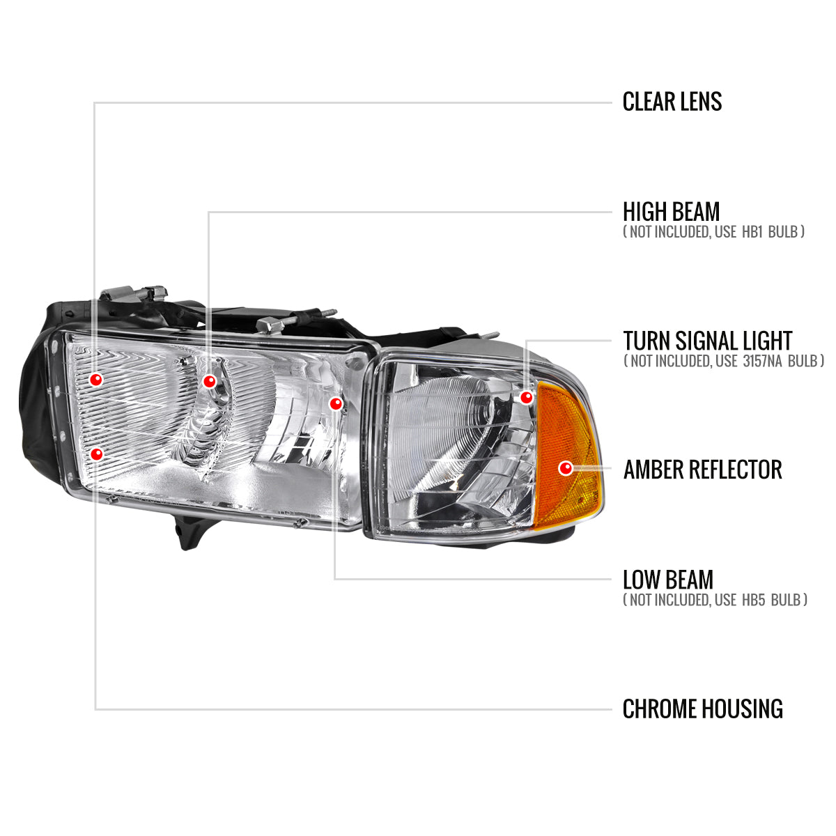 1999-2001 Dodge RAM 1500 Sport Factory Style Headlights and Corner Lights (Chrome Housing/Clear Lens)