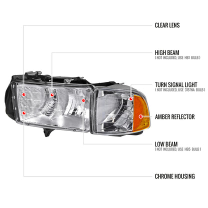 1999-2001 Dodge RAM 1500 Sport Factory Style Headlights and Corner Lights (Chrome Housing/Clear Lens)