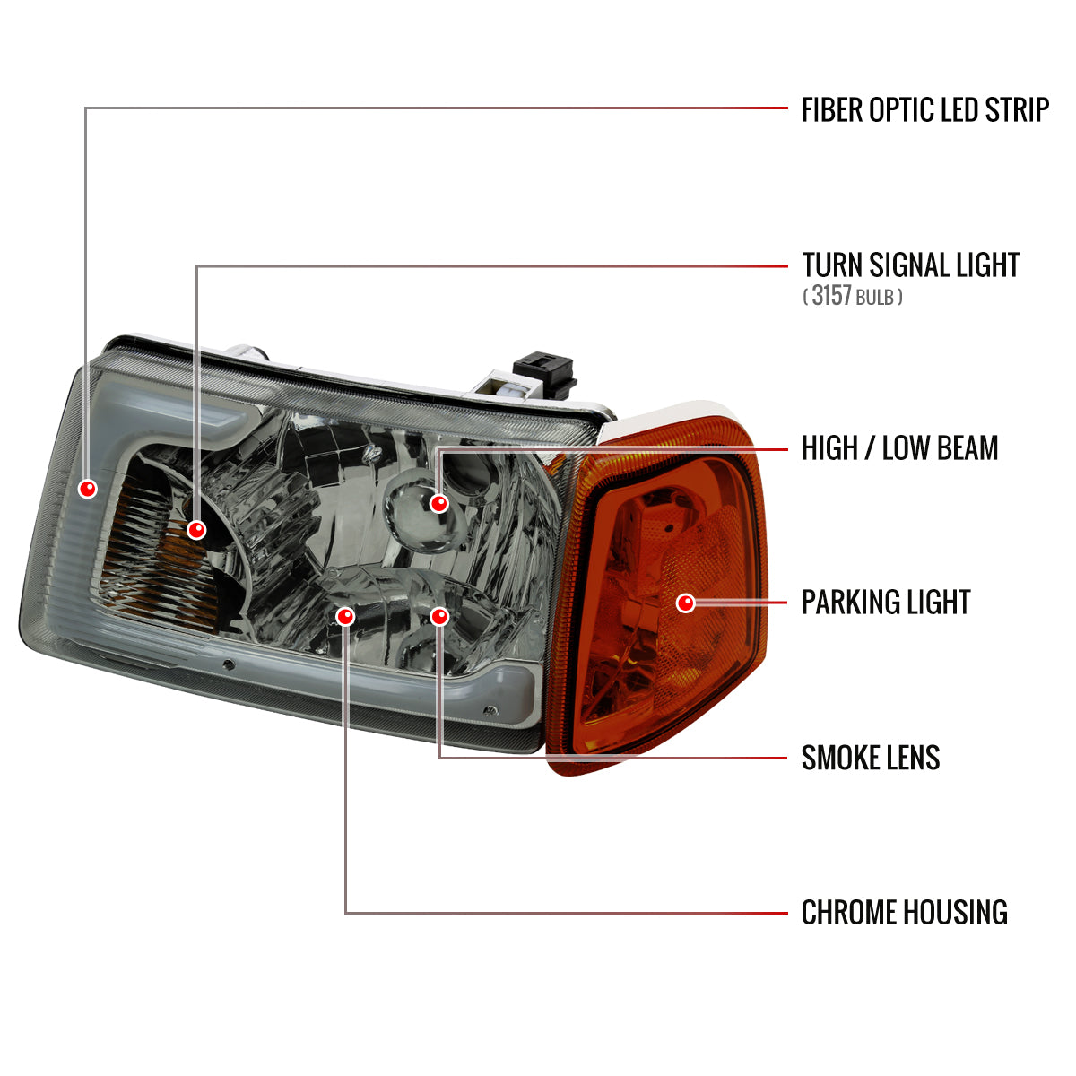 2001-2011 Ford Ranger LED Bar Factory Style Headlights w/Amber Corner Lamp (Chrome Housing/Smoked Lens)