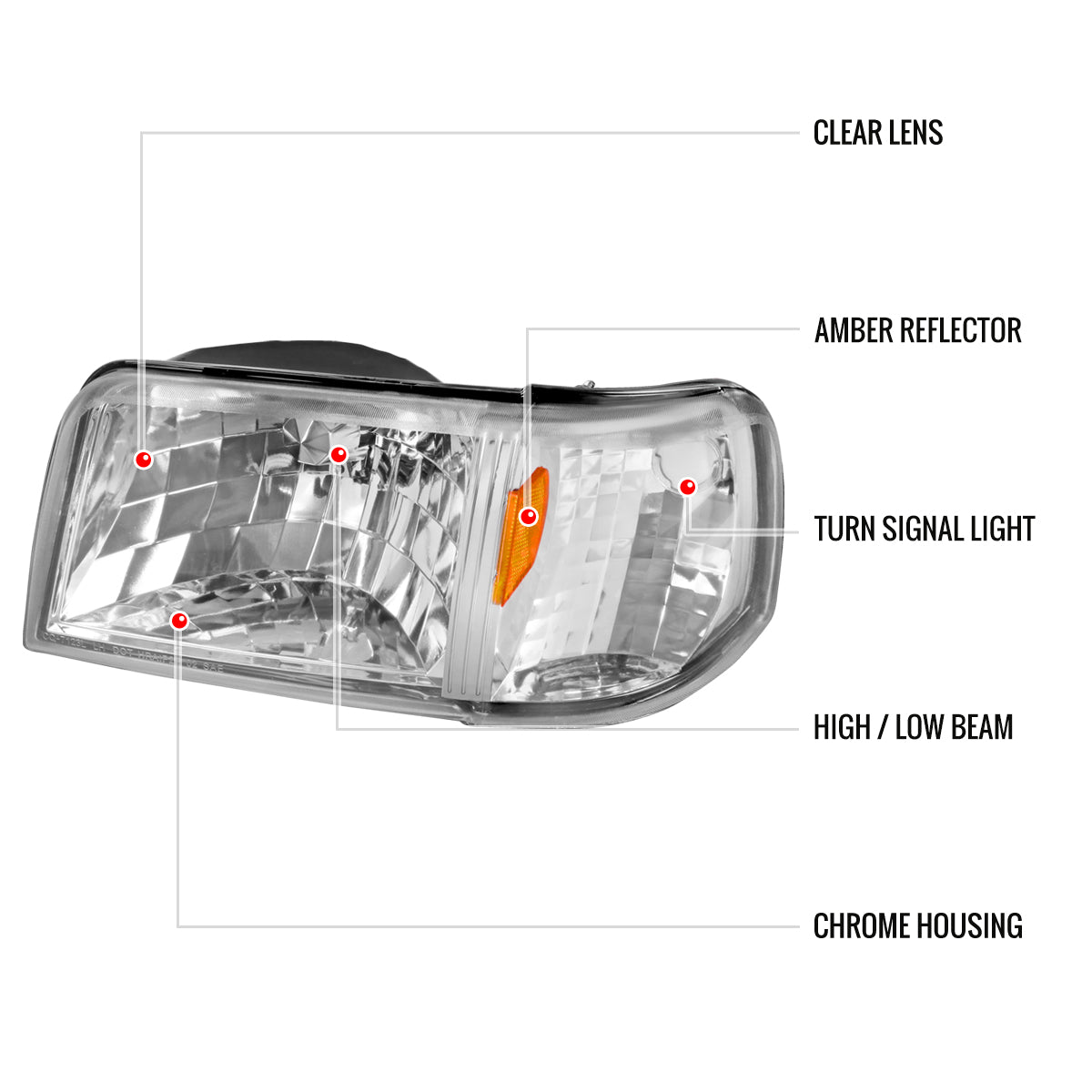 1993-1997 Ford Ranger Factory Style Headlights w/ Corner Signal Lights (Chrome Housing/Clear Lens)