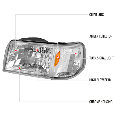 1993-1997 Ford Ranger Factory Style Headlights w/ Corner Signal Lights (Chrome Housing/Clear Lens)
