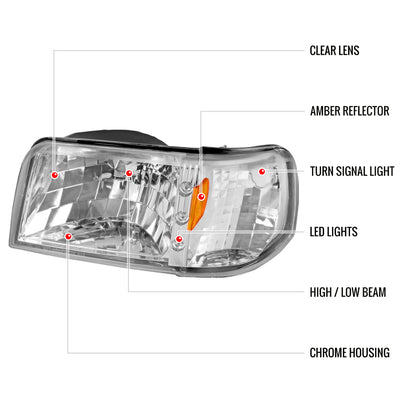 1993-1997 Ford Ranger Factory Style V2 Headlights w/ Corner Signal Lights (Chrome Housing/Clear Lens)