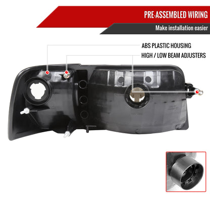 1993-1997 Ford Ranger Factory Style Headlights w/ Corner Lights & Amber Reflector (Matte Black Housing/Clear Lens)