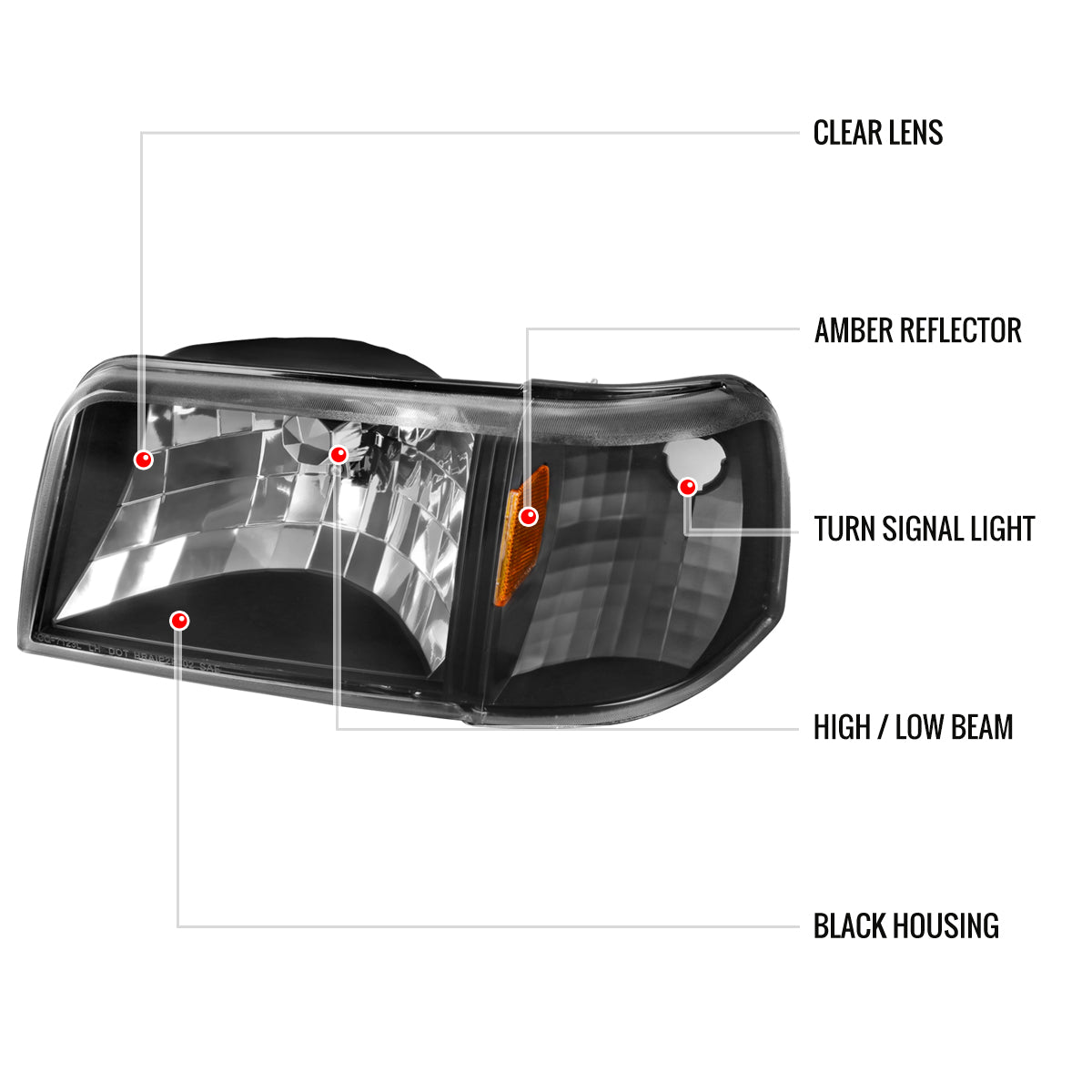 1993-1997 Ford Ranger Factory Style Headlights w/ Corner Lights & Amber Reflector (Matte Black Housing/Clear Lens)