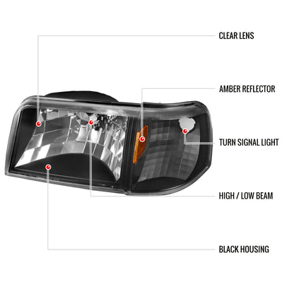 1993-1997 Ford Ranger Factory Style Headlights w/ Corner Lights & Amber Reflector (Matte Black Housing/Clear Lens)