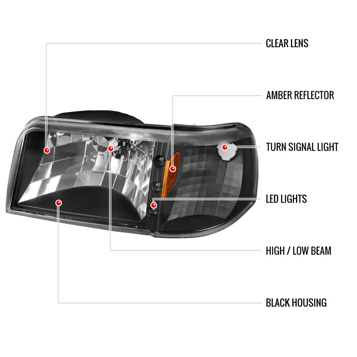 1993-1997 Ford Ranger Factory Style V2 Headlights w/ Corner Lights (Matte Black Housing/Clear Lens)